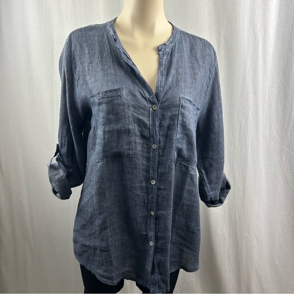 Made In Italy Blue Linen Button Down Blouse with Roll-tab Sleeves M - Picture 9 of 11